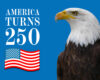 Commemorative banner: 'America Turns 250' with a waving US flag and a bald eagle on a blue background.