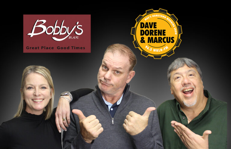 Promotional image with three smiling hosts giving thumbs up; logos for Bobby's Bar and Dave Dorene & Marcus visible above them.
