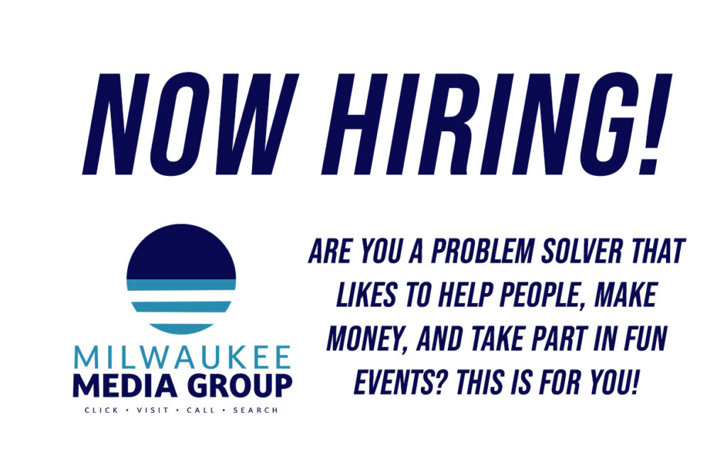 Now Hiring! Milwaukee Media Group recruitment notice with logo on the left and a call to join as a problem solver.