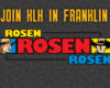 Poster-style graphic reading 'JOIN KLH IN FRANKLIN' above a bold ROSEN logo with red letters, flanked by cartoon portraits in blue and yellow panels.