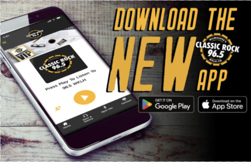 Smartphone displaying the Classic Rock 96.5 app screen with a bold 'DOWNLOAD THE NEW APP' message and Google Play and App Store badges.