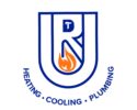 Logo for a heating, cooling, and plumbing company featuring a blue U-shaped emblem with a flame inside and the words 'HEATING · COOLING · PLUMBING' around the bottom