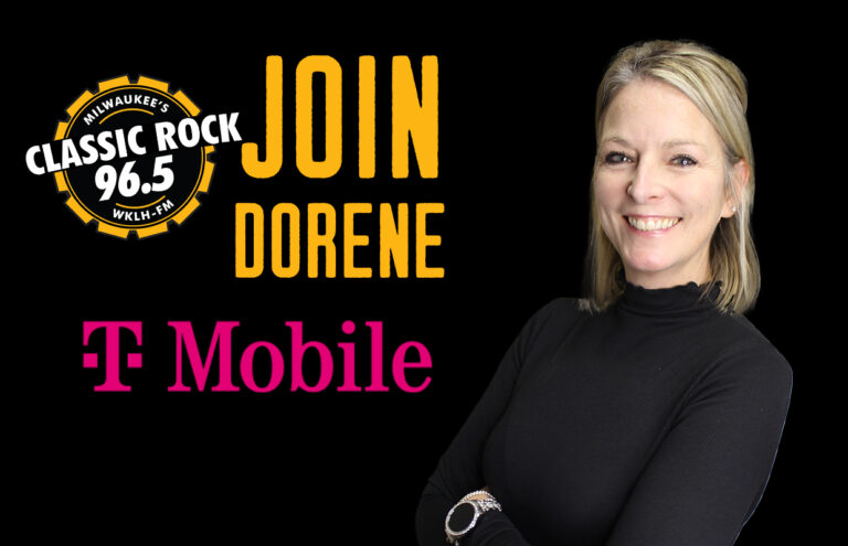 Advertisement banner featuring Milwaukee’s Classic Rock 96.5 logo, large yellow text Reading 'JOIN DORENE', pink T-Mobile logo, and a smiling woman in a black turtleneck.