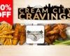 Promo collage with '50% OFF', 'Cream City Cravings', and a platter of chicken wings and fries at Eagle Springs Pub.