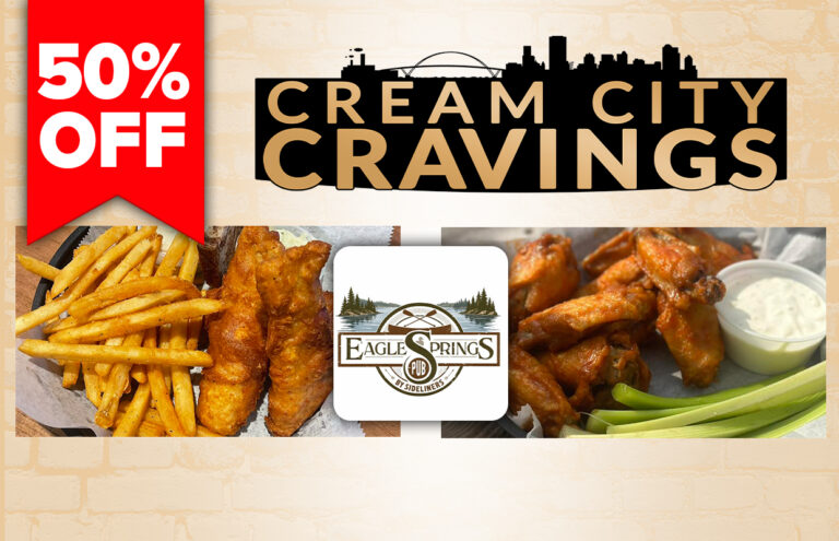 Promo collage with '50% OFF', 'Cream City Cravings', and a platter of chicken wings and fries at Eagle Springs Pub.
