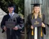 Two graduates pose side by side in caps and gowns, each holding a diploma cover, outdoors on the left and against a wooden backdrop on the right.