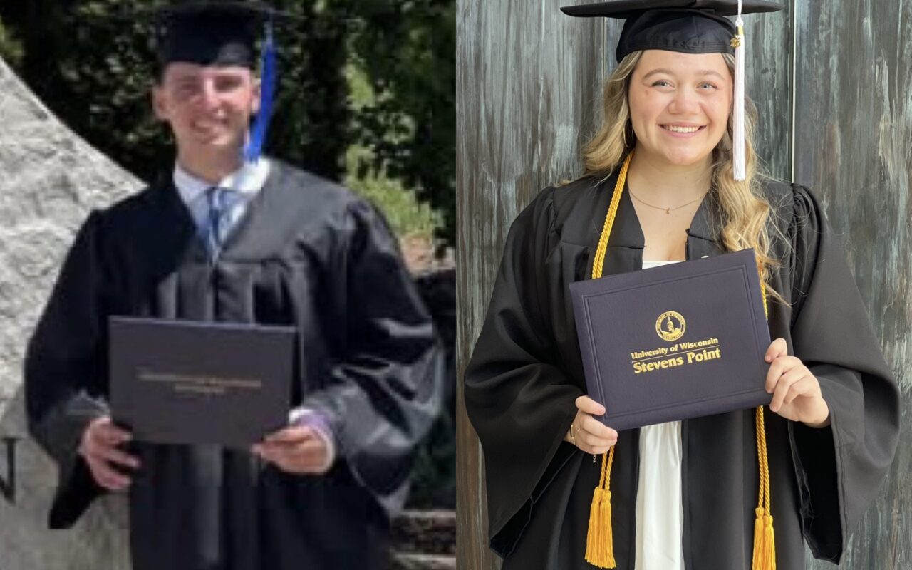 Two graduates pose side by side in caps and gowns, each holding a diploma cover, outdoors on the left and against a wooden backdrop on the right.
