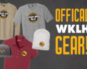 Display of WKLH gear: beige and gray T-shirts, a red polo, a white beanie, and a black cap with the 'Classic Rock 96.5' logo, beside bold 'OFFICIAL GEAR' text.