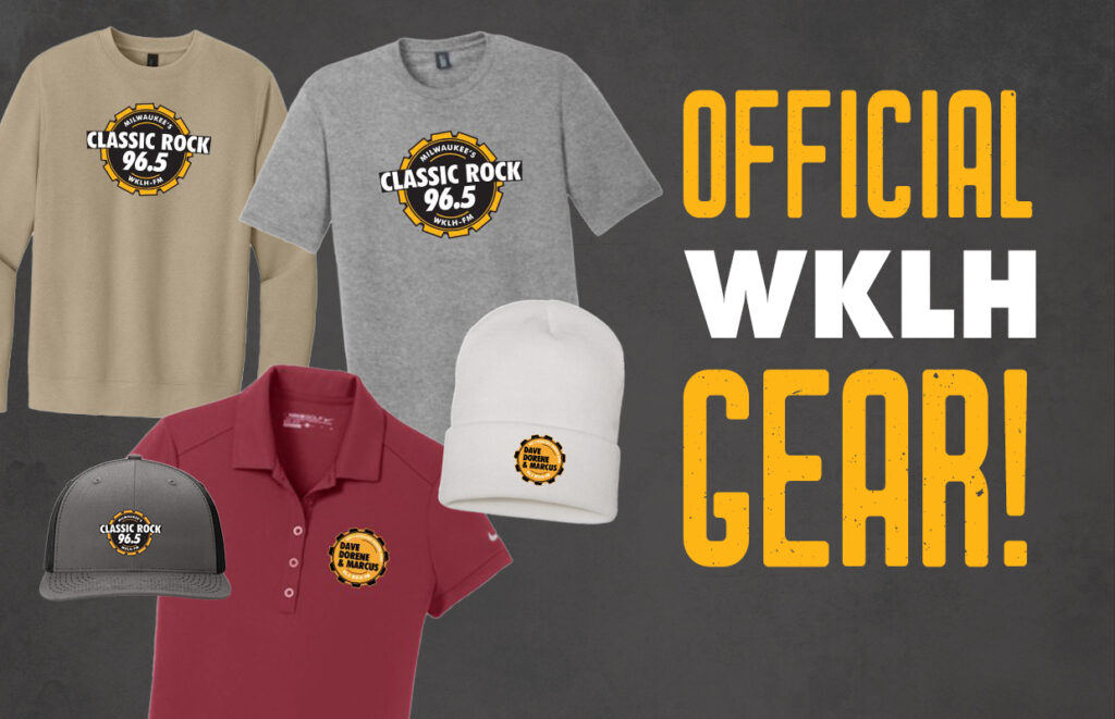 Promotional clothing and hat displaying WKLH Classic Rock 96.5 logos with bold 'OFFICIAL WKLH GEAR!' text on a dark background
