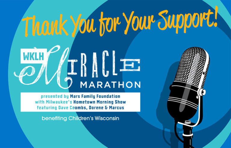 Poster thanking supporters for the Miracle Marathon, with a vintage microphone and bold blue-teal design.