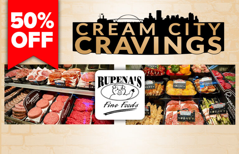Ad banner for Rupena's Fine Foods: 'Cream City Cravings' with a meat display and a red 50% OFF ribbon.