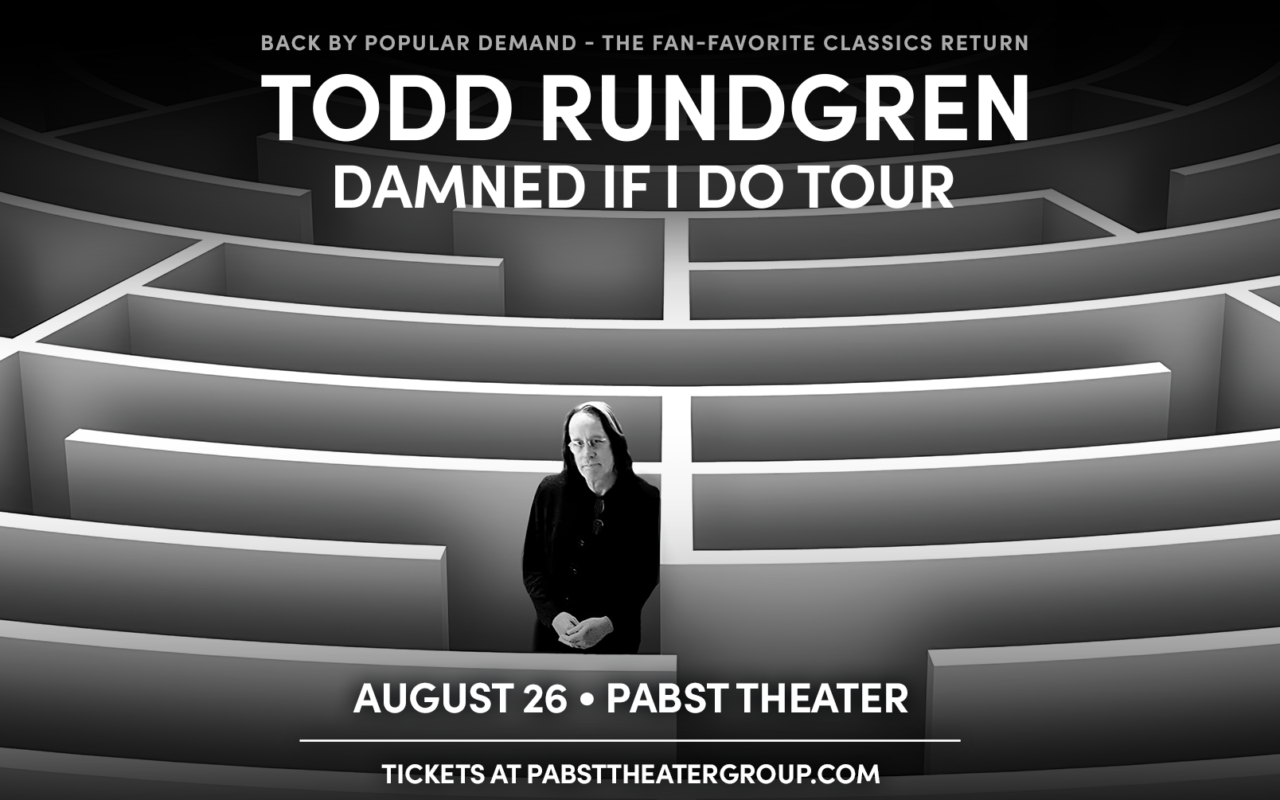 Concert poster for Todd Rundgren’s Damn If I Do Tour, showing a man in black standing in a large maze with date and venue text.