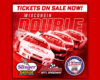 Red promotional poster for a Wisconsin race event featuring speeding race cars and sponsor logos with the headline 'Tickets on Sale Now' and event names like Slinger Speedway and Madison Intl Speedway among logos.