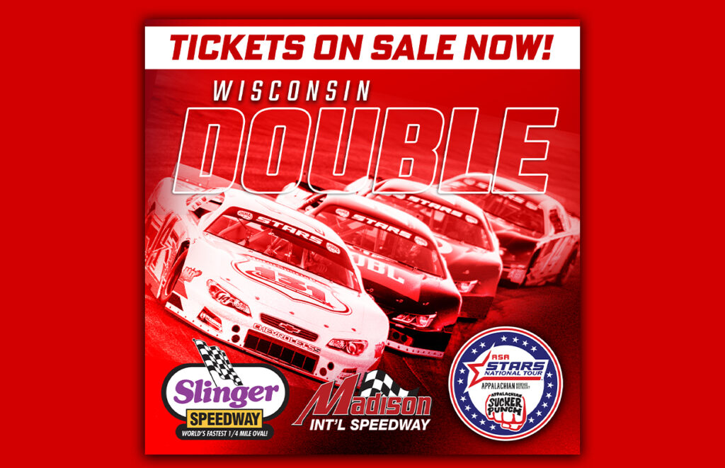 Red promotional poster for a Wisconsin race event featuring speeding race cars and sponsor logos with the headline 'Tickets on Sale Now' and event names like Slinger Speedway and Madison Intl Speedway among logos.