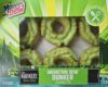 Box of Mountain Dew Dunker Donuts from The Kwikery Bake Shop, six green glazed ring donuts visible through the clear window.