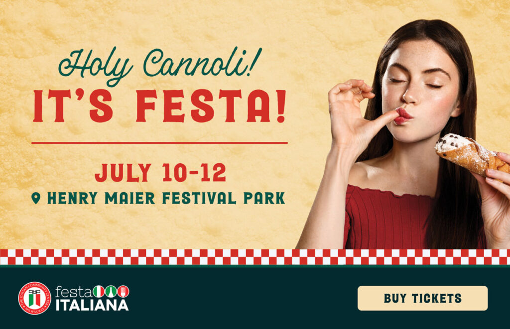 Promotional banner for Festa Italiana festival with a woman eating an ice cream cone and a 'Buy Tickets' button.