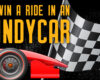 Promotional banner offering a chance to win a ride in an IndyCar, with a red race car and checkered flag in the background