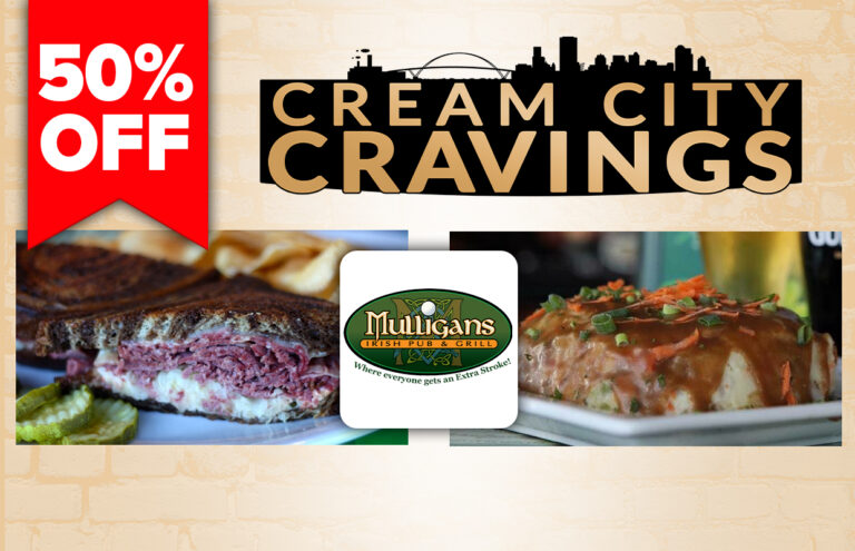 Promotional banner for Cream City Cravings offering 50% off, showing a steak sandwich, a plated dish, and the Mulligans logo.