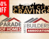 Collage of homebuilder logos with a red 50% OFF banner on the left and beige brick background (Cream City Cravings, Parade of Homes, Metro Builders Association).