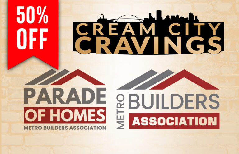 Collage of homebuilder logos with a red 50% OFF banner on the left and beige brick background (Cream City Cravings, Parade of Homes, Metro Builders Association).