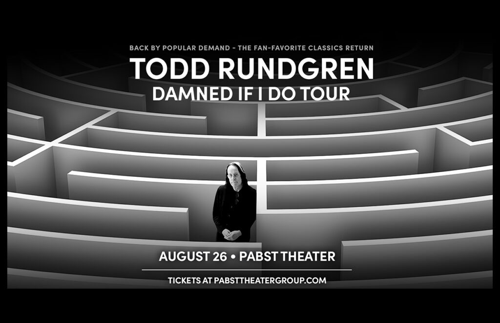 Promotional poster for Todd Rundgren's Damned If I Do Tour with a person standing in a monochrome maze; includes date and venue details in bold text.