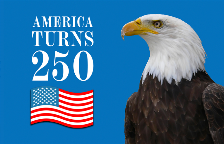 Celebratory graphic: 'America Turns 250' with a waving American flag and a bald eagle on a blue background.