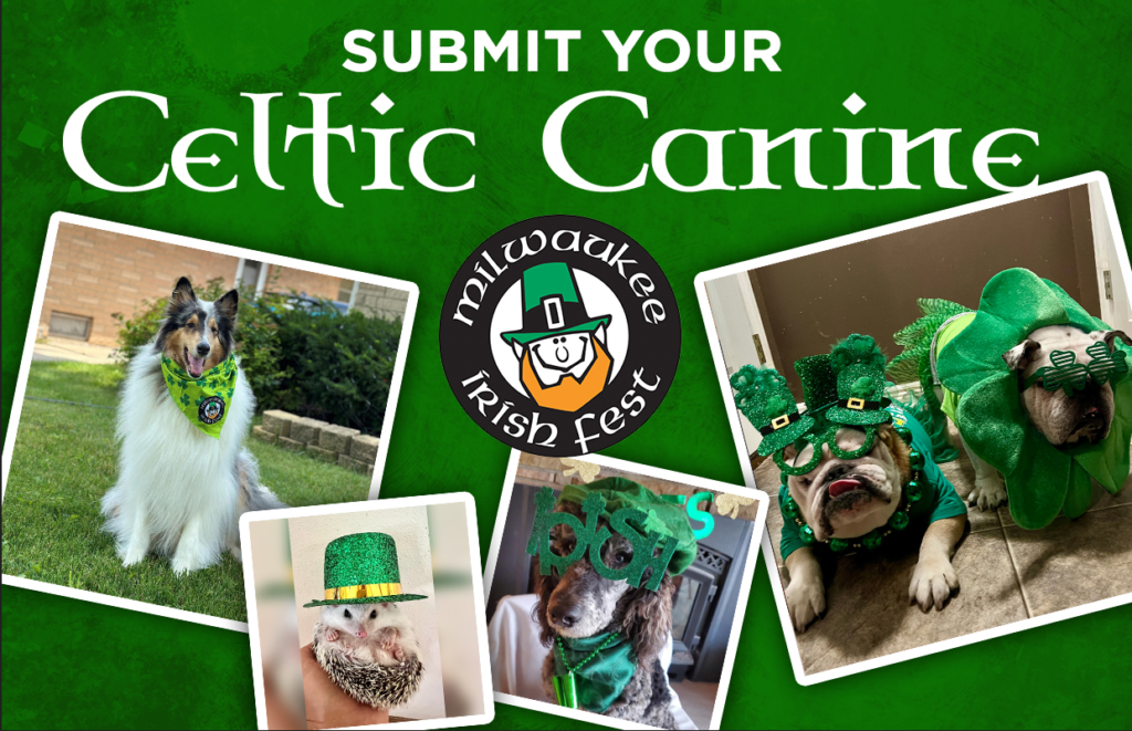 Green Celtic Canine poster inviting submissions, with dogs in green outfits around the Milwaukee Irish Fest logo on a textured green background.