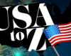Patriotic graphic with large 'USA' letters, waving American flag, and fireworks.