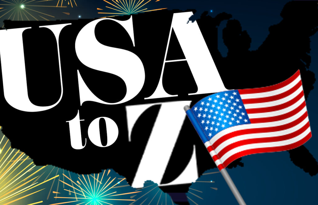Patriotic graphic with large 'USA' letters, waving American flag, and fireworks.