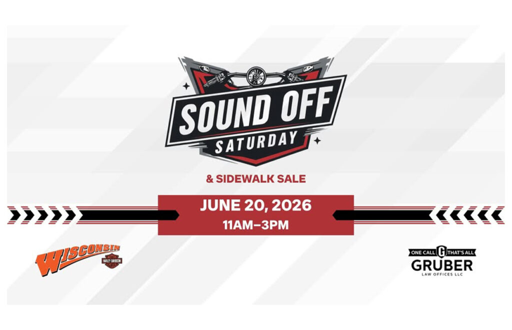 Promotional banner for 'Sound Off Saturday' with date and time June 20, 2026, 11am–3pm, and sidewalk sale details.