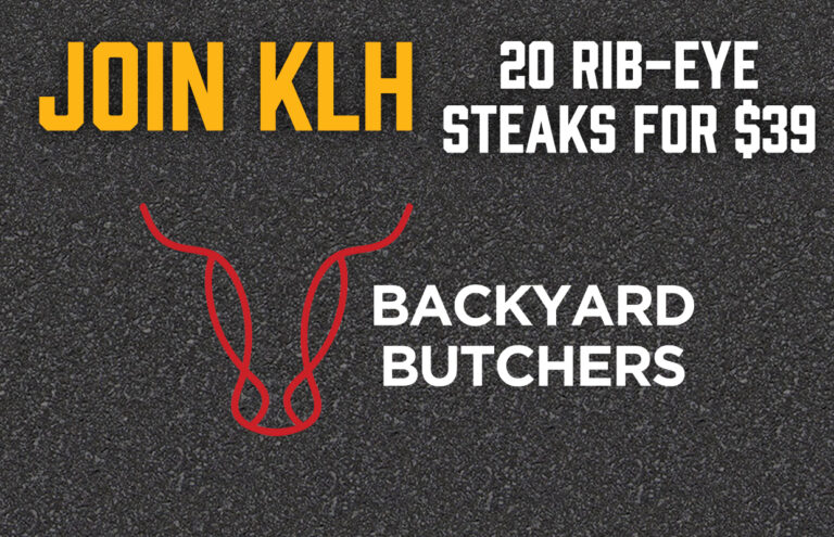 Ad banner for Backyard Butchers showing a red line cow head, with 'JOIN KLH' left and '20 RIB-EYE STEAKS FOR $39' right on a dark asphalt background.