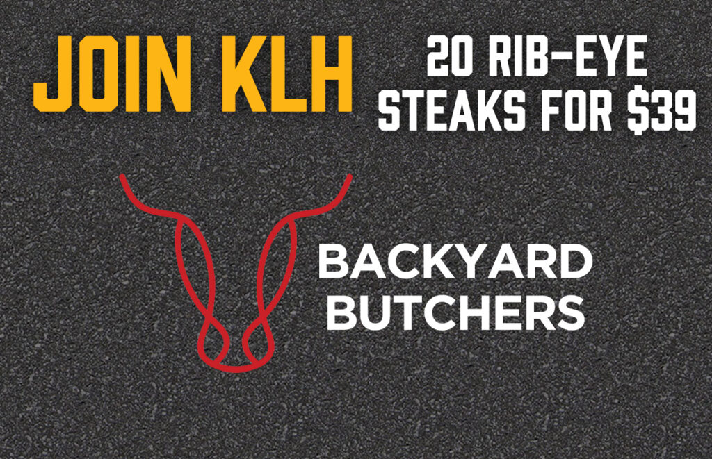 Ad banner for Backyard Butchers showing a red line cow head, with 'JOIN KLH' left and '20 RIB-EYE STEAKS FOR $39' right on a dark asphalt background.