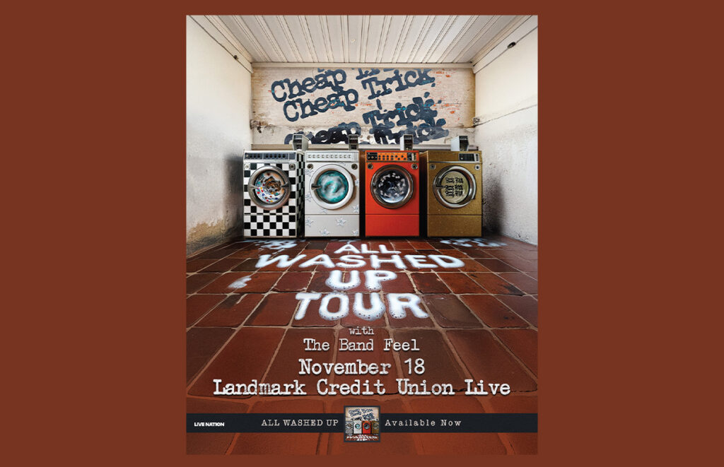 Poster for the 'All Washed Up Tour' featuring four washing machines in a laundromat; includes date November 18 and landmark venue information.