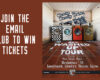 Ad: left brown panel reads 'Join the email club to win tickets'; right shows washers and an 'All Washed Up Tour' poster with date and venue.