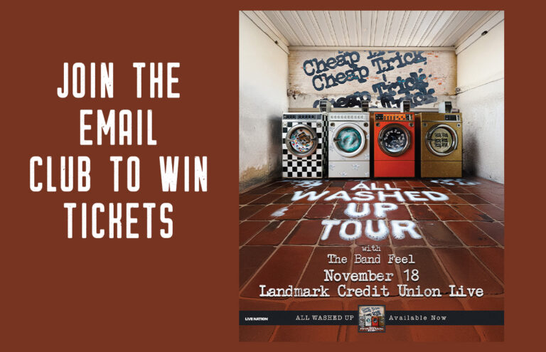 Ad: left brown panel reads 'Join the email club to win tickets'; right shows washers and an 'All Washed Up Tour' poster with date and venue.