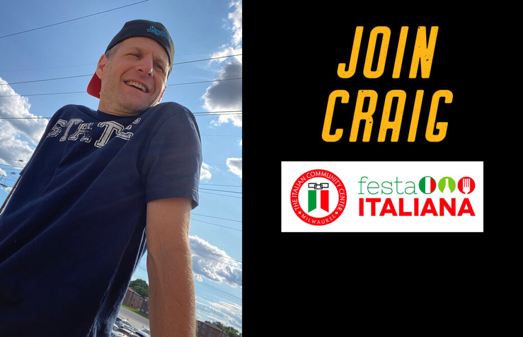Smiling man in a navy shirt and backward cap outdoors on the left; right side shows 'JOIN CRAIG' in yellow with the Festa Italiana logo on black.