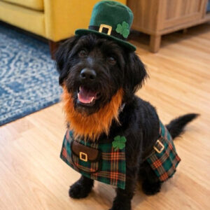 Black dog in St. Patrick's Day outfit: green leprechaun hat, shamrock pin, and plaid vest indoors, wagging its tail.
