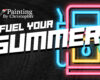 Promotional banner for Painting By Christopher with bold 'FUEL YOUR SUMMER' text and bright neon shapes on a dark background.