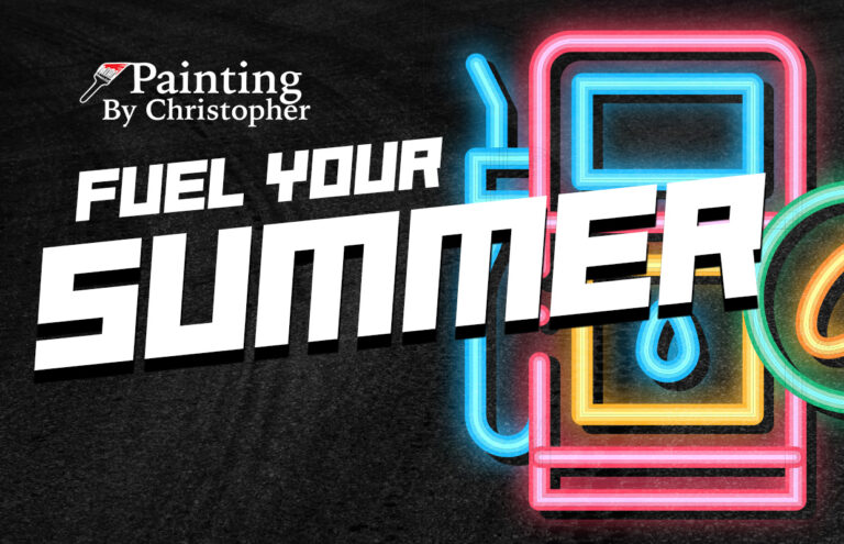 Promotional banner for Painting By Christopher with bold 'FUEL YOUR SUMMER' text and bright neon shapes on a dark background.