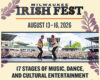 Poster for Milwaukee Irish Fest, Aug 13–16, 2026, showing two performers jumping onstage with a large crowd and the slogan '17 stages of music, dance, and cultural entertainment'.