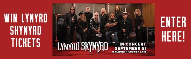 Promotional banner inviting users to win Lynyrd Skynyrd tickets; center photo of the band with 'Enter Here!' on red sides.