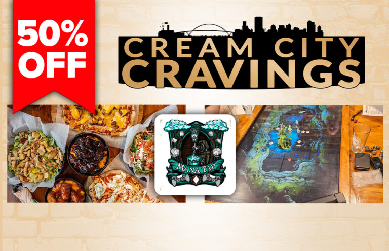 Promotional collage showing a red 50% OFF banner, Cream City Cravings logo, and a table with pizza and a game board.